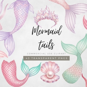 Puede incluir: Conjunto de imágenes prediseñadas de acuarela con colas de sirena en tonos rosa, morado y verde azulado. La imagen incluye una corona de sirena, una concha y el texto "Mermaid Tails". El conjunto incluye 43 PNG transparentes.