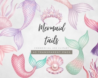 Set di clipart di code di sirena, code di sirena pastello ad acquerello con glitter, fard, clipart oceaniche, PNG estetici sottomarini scintillanti