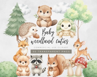 Imágenes prediseñadas de crías de animales del bosque / Ilustraciones de animales para la habitación del bebé / Criaturas del bosque bebés en acuarela, PNG de crías de animales del bosque, PNG para la habitación del bebé