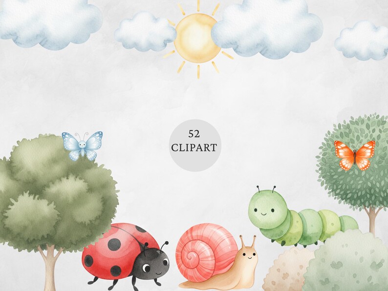 Op de afbeelding: Waterverfillustratie met een zonnige hemel met wolken, zon en bomen. Bevat een lieveheersbeestje, slak, rups en vlinders. De afbeelding heeft de tekst "52 Clipart" in een cirkel.