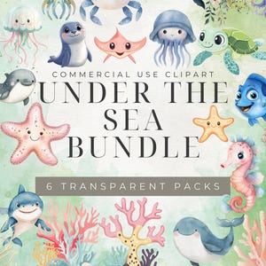 Watercolor Under the Sea Creatures Clipart Bundle Cute Ocean Animal PNG Pastel Marine Life Illustration Birthday Clipart Digital Sea Friends