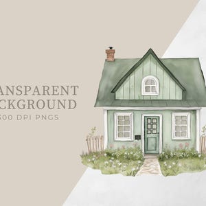 Pu&ograve; includere: Un'illustrazione ad acquerello di una casa verde con una porta e finestre bianche. La casa &egrave; circondata da erba verde e fiori. La casa ha un tetto marrone e un camino.