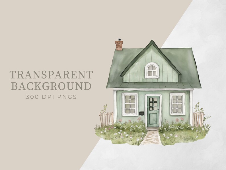 Pu&ograve; includere: Un'illustrazione ad acquerello di una casa verde con una porta e finestre bianche. La casa &egrave; circondata da erba verde e fiori. La casa ha un tetto marrone e un camino.