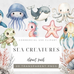 Aquarel onder de zeedieren clipartset schattige oceaandieren, decor van de kinderkamer, pastel zeeleven kunst, digitale zeevrienden voor kinderen
