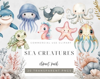 Watercolor Sea Creatures Clipart: Pastel Ocean Animals (Digital Download)
