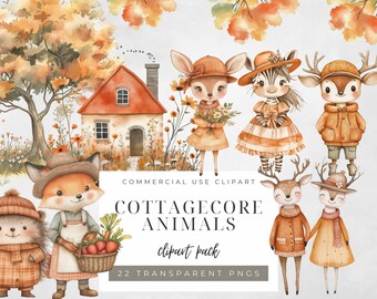 May include: A digital clipart pack featuring 22 watercolor illustrations of cottagecore animals. The animals include a fox, hedgehog, deer, zebra, and more. The illustrations are in a whimsical style and feature autumnal colors. The text "Cottagecore Animals clipart pack 22 transparent PNGs" is included in the image.