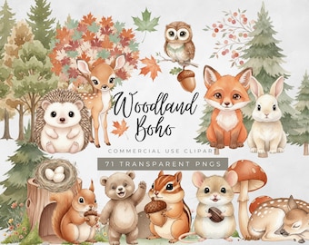 Clipart de animales del bosque bohemio, lindas criaturas del bosque, arte infantil para baby shower, ilustraciones de animales en acuarela