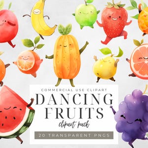 Kawaii Dancing Fruit Clipart: Happy Cartoon PNG Art (Digital Download)