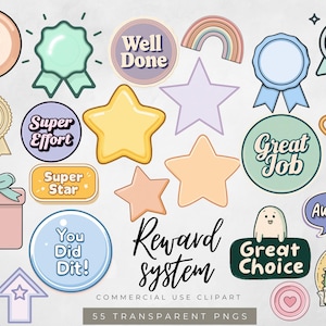 May include: A selection of colourful reward-themed clipart, featuring stars, ribbons, gift boxes, and speech bubbles with phrases such as "Well Done" and "Great Job." The text "Reward System" is also visible.