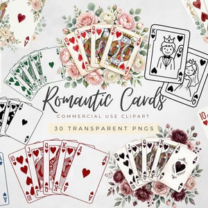 May include: A selection of playing cards with floral arrangements. The cards display hearts, spades, and diamonds, with some cards having a romantic design. The text "Romantic Cards" and "30 Transparent PNGs" are visible.