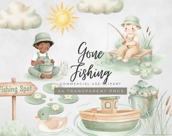 Gone Fishing Clipart, Washed Watercolor Kids Fishing Clipart, Nursery Fishing Elements, Boy and Girl Fishing Illustration Cute Fishing PNG