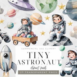 Conjunto de imágenes prediseñadas de astronauta en acuarela, niño espacial PNG, linda ilustración de astronauta bebé para cumpleaños infantiles, decoración de guardería, invitaciones