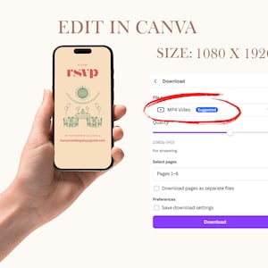 May include: A screenshot of a Canva download page with the option to download a video in MP4 format. The video is suggested to be downloaded in 1080p HD quality. The download page also includes options to select pages and download pages as separate files.