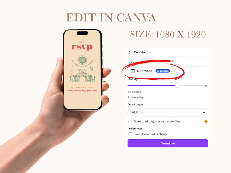 May include: A screenshot of a Canva download page with the option to download a video in MP4 format. The video is suggested to be downloaded in 1080p HD quality. The download page also includes options to select pages and download pages as separate files.