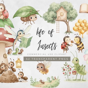 May include: Watercolor clipart set featuring various insects, including a ladybug, bee, dragonfly, and ant, with a mushroom house, treehouse, and honeycomb. The text "life of Insects" is displayed.