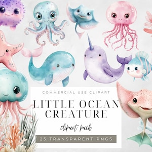 Aquarell entzückende Meereskreatur Clipart Süßes Ozeantier PNG-Set Baby Sea Life Illustration Pastell Meeresgeschöpfe unter dem Meer PNG