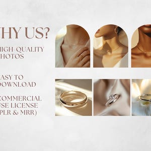 K&ouml;nnte beinhalten: Eine Grafik mit dem Text "WHY US?" und H&auml;kchen neben dem folgenden Text: "HIGH-QUALITY PHOTOS", "EASY TO DOWNLOAD", und "COMMERCIAL USE LICENSE (PLR & MRR)". Die Grafik enth&auml;lt auch Bilder von Schmuck, darunter Halsketten und Ringe.