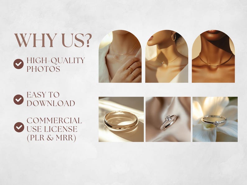 K&ouml;nnte beinhalten: Eine Grafik mit dem Text "WHY US?" und H&auml;kchen neben dem folgenden Text: "HIGH-QUALITY PHOTOS", "EASY TO DOWNLOAD", und "COMMERCIAL USE LICENSE (PLR & MRR)". Die Grafik enth&auml;lt auch Bilder von Schmuck, darunter Halsketten und Ringe.