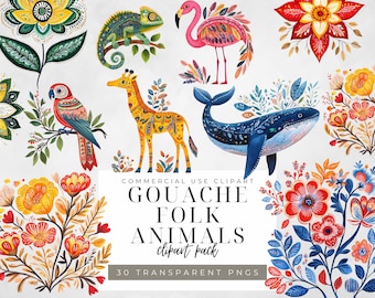 May include: A set of 30 digital illustrations featuring folk art style animals and floral designs. The animals include a chameleon, giraffe, flamingo, whale, and parrot. The flowers are in shades of red, yellow, blue, and green.