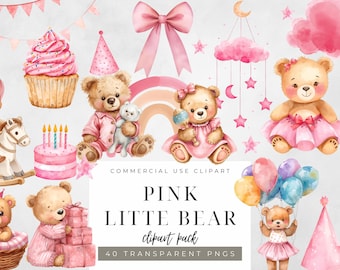Conjunto de imágenes prediseñadas de oso rosa en acuarela: Baby Shower, decoración infantil (descarga digital)