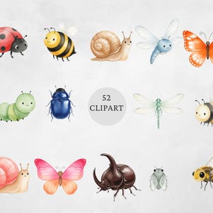 Op de afbeelding: Waterverf clipart set met verschillende insecten, waaronder een lieveheersbeestje, een bij, een slak, een libelle en een vlinder. De afbeelding bevat een rups, een kever en de tekst "52 Clipart". De illustraties zijn in zachte pastelkleuren.