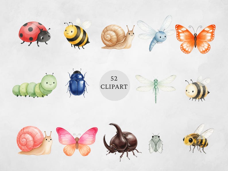Op de afbeelding: Waterverf clipart set met verschillende insecten, waaronder een lieveheersbeestje, een bij, een slak, een libelle en een vlinder. De afbeelding bevat een rups, een kever en de tekst "52 Clipart". De illustraties zijn in zachte pastelkleuren.