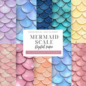 May include: A digital paper set featuring 25 seamless patterns of mermaid scales in various colors. The scales range from black to gold, with shades of pink, blue, and orange. The image includes text that reads "MERMAID SCALE Digital paper 25 SEAMLESS PATTERN".