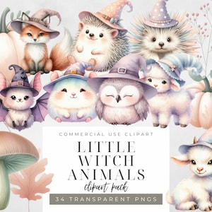May include: Watercolor illustration of adorable little witch animals, including a fox, hedgehog, bat, owl, lamb, and goat, all wearing witch hats. The image also features pumpkins and mushrooms. Text reads "Little Witch Animals Clipart Pack".