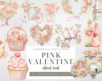 Watercolor Valentine Clipart: Hearts, Flowers, Love (PNG Digital Download)