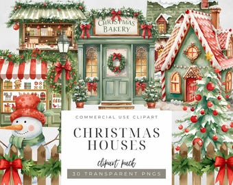Aquarel kerstdorp clipart: salie groen en rood vakantie, png (digitale download)
