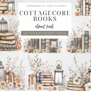 Pode incluir: Um pacote de clipart digital de 18 ilustrações de aquarela que apresentam pilhas de livros, lanternas e arranjos florais em uma estética cottagecore. As ilustrações estão sobre um fundo branco e são perfeitas para adicionar um toque de fantasia aos seus projetos digitais.
