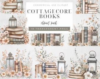 Puede incluir: Un paquete de clipart digital de 18 ilustraciones de acuarela que presentan pilas de libros, linternas y arreglos florales en una estética cottagecore. Las ilustraciones están sobre un fondo blanco y son perfectas para agregar un toque de fantasía a tus proyectos digitales.
