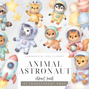 Watercolor Animal Astronaut Clipart PNG Cute Space Animals Nursery Art Baby Shower Space Theme Jungle Astronaut Animals Digital Download
