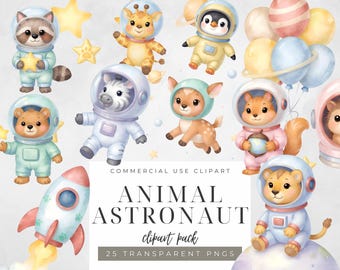 Watercolor Animal Astronaut Clipart: Space Nursery Art (PNG Digital Download, 6400x6400 px)