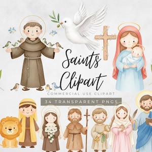Könnte beinhalten: Aquarell-Cliparts mit verschiedenen Heiligen, darunter der heilige Franziskus mit Vögeln, die Jungfrau Maria mit dem Jesuskind und andere religiöse Figuren. Das Bild enthält eine Taube, ein Kreuz und den Text "Saints Clipart".