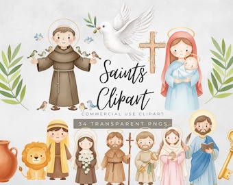 Watercolor Saints Clipart Bundle, Cute Bible Characters PNG, Christian Religious Clipart Set, Catholic Saints Art, Sunday School Graphics