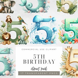 5th Birthday Number Clipart Bundle Big Number 5 Safari Animals PNG Under the Sea Ocean Theme Watercolor Clipart Kids Birthday Graphics