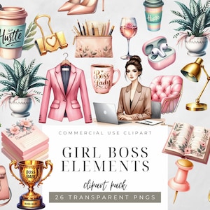 Mädchen Boss Büro Elemente Clipart Bundle Feminine Schreibtisch Dekor PNG PNG Boss Babe Aquarell Office Essentials Arbeit von zu Hause Grafiken