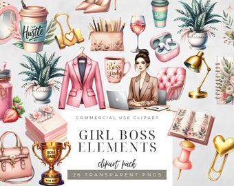 Girl Boss Clipart Bundle: Watercolor Office Decor PNG Graphics