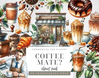 Watercolor Coffee Clipart Bundle: Iced Coffee, Latte Art, Cafe Desserts (PNG Graphics, Digital Download)