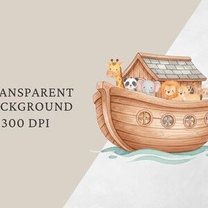 K&ouml;nnte beinhalten: Aquarell-Illustration der Arche Noah mit verschiedenen Tieren, darunter eine Giraffe, ein Panda, ein Elefant, ein L&ouml;we und ein Schaf. Die Arche aus Holz hat ein kleines Haus auf dem Dach. Der Text "TRANSPARENT BACKGROUND 300 DPI" ist ebenfalls sichtbar.
