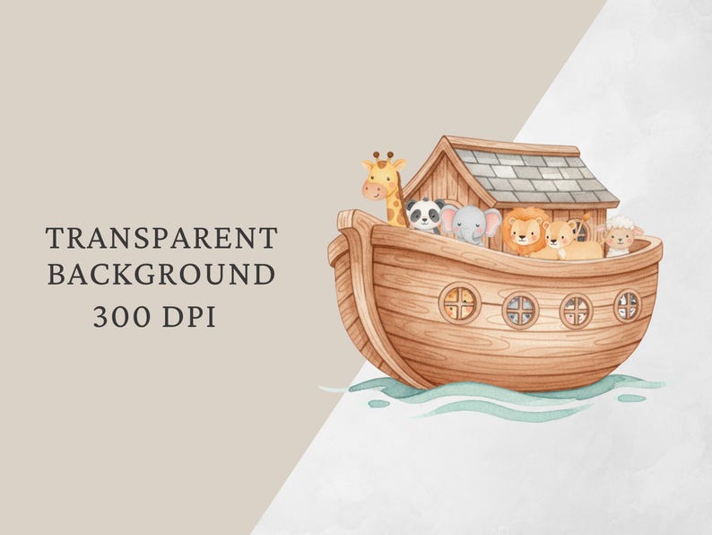 K&ouml;nnte beinhalten: Aquarell-Illustration der Arche Noah mit verschiedenen Tieren, darunter eine Giraffe, ein Panda, ein Elefant, ein L&ouml;we und ein Schaf. Die Arche aus Holz hat ein kleines Haus auf dem Dach. Der Text "TRANSPARENT BACKGROUND 300 DPI" ist ebenfalls sichtbar.