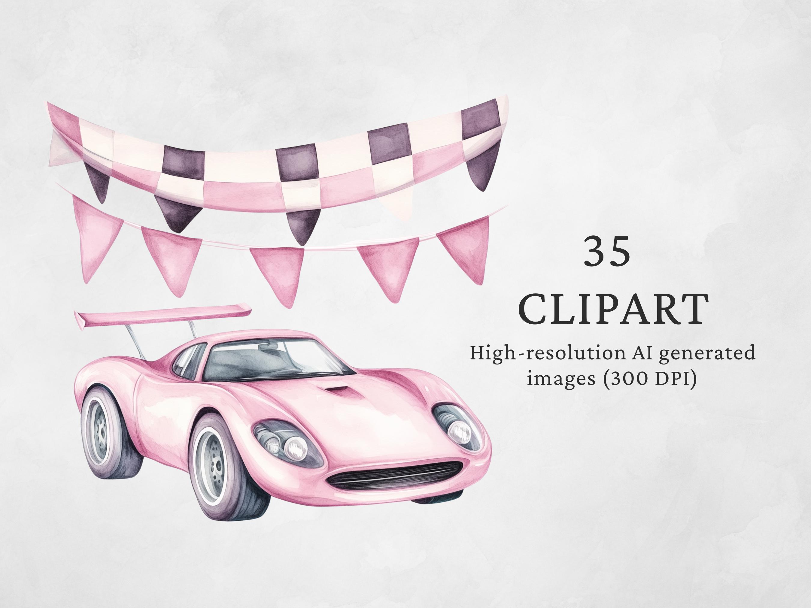 Pink Race Car Watercolor Clipart: Pastel Racing Theme (PNG Digital ...