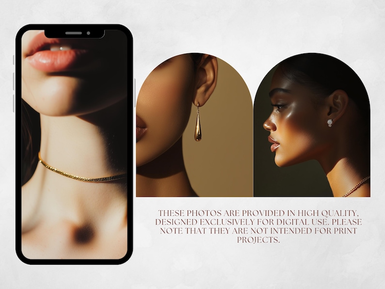 K&ouml;nnte beinhalten: Zwei Nahaufnahmen von Frauen mit Schmuck. Das erste Foto zeigt eine Frau mit einer goldenen Kettenkette. Das zweite Foto zeigt eine Frau mit einem goldenen Tropfenohrring und einem kleinen Diamantenohrring.  "DIESE FOTOS WERDEN IN HOCHQUALIT&Auml;T GELEIFERT, EXKLUSIV F&Uuml;R DEN DIGITALEN GEBRAUCH GESTALTET. BITTE BEACHTEN SIE, DASS SIE NICHT F&Uuml;R DRUCKPROJEKTE BESTIMMT SIND."