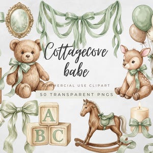 プレッピーなフレンチコテージ風のベビー用品クリップアートセット、ヴィンテージベビーシャワーPNGグラフィック、セージグリーンのベビー用品要素、ぬいぐるみとリボン、商用利用可