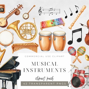 Op de afbeelding: Waterverfillustratie van diverse muziekinstrumenten, waaronder een piano, viool, drums en maracas. De afbeelding bevat ook een Franse hoorn, fluit en een xylofoon. Tekst luidt "MUSICAL INSTRUMENTS clipart pack".