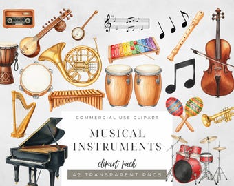 May include: Watercolor illustration of various musical instruments, including a piano, violin, drums, and maracas. The image also features a French horn, flute, and a xylophone. Text reads "MUSICAL INSTRUMENTS clipart pack".