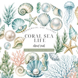 May include: Watercolor clipart set featuring various sea life elements. Includes seashells, starfish, seahorses, pearls, coral, and seaweed in shades of blue, green, and beige. The text "CORAL SEA LIFE" and "clipart pack" are also visible.