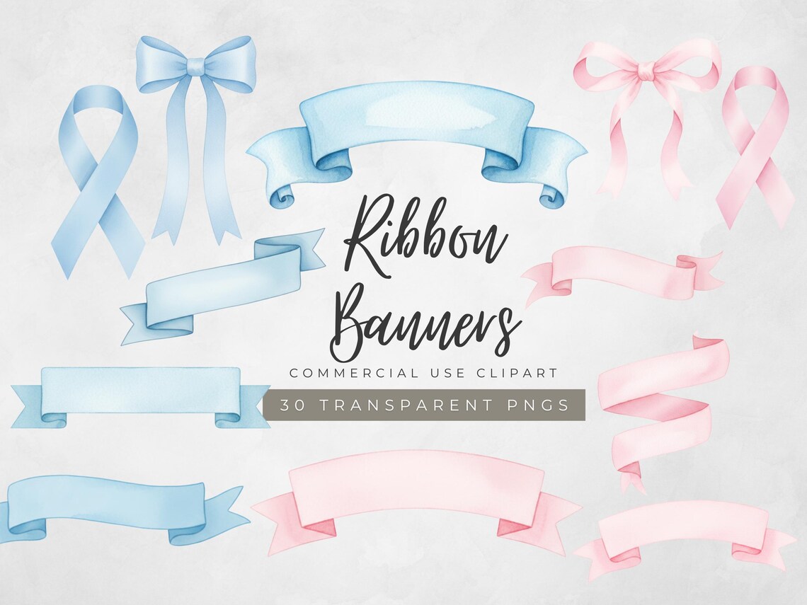 Watercolor Ribbon and Banner Clipart Set Baby Blue Pink Pastel Bows ...