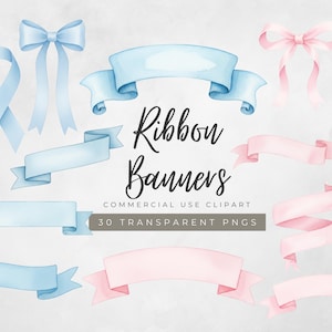Op de afbeelding: Waterverf clipart met diverse blauwe en roze lintbanners en strikken. De afbeelding bevat de tekst "Ribbon Banners" en "Commercial Use Clipart" met "30 Transparent PNGs" eronder. De linten zijn in tinten lichtblauw en roze.
